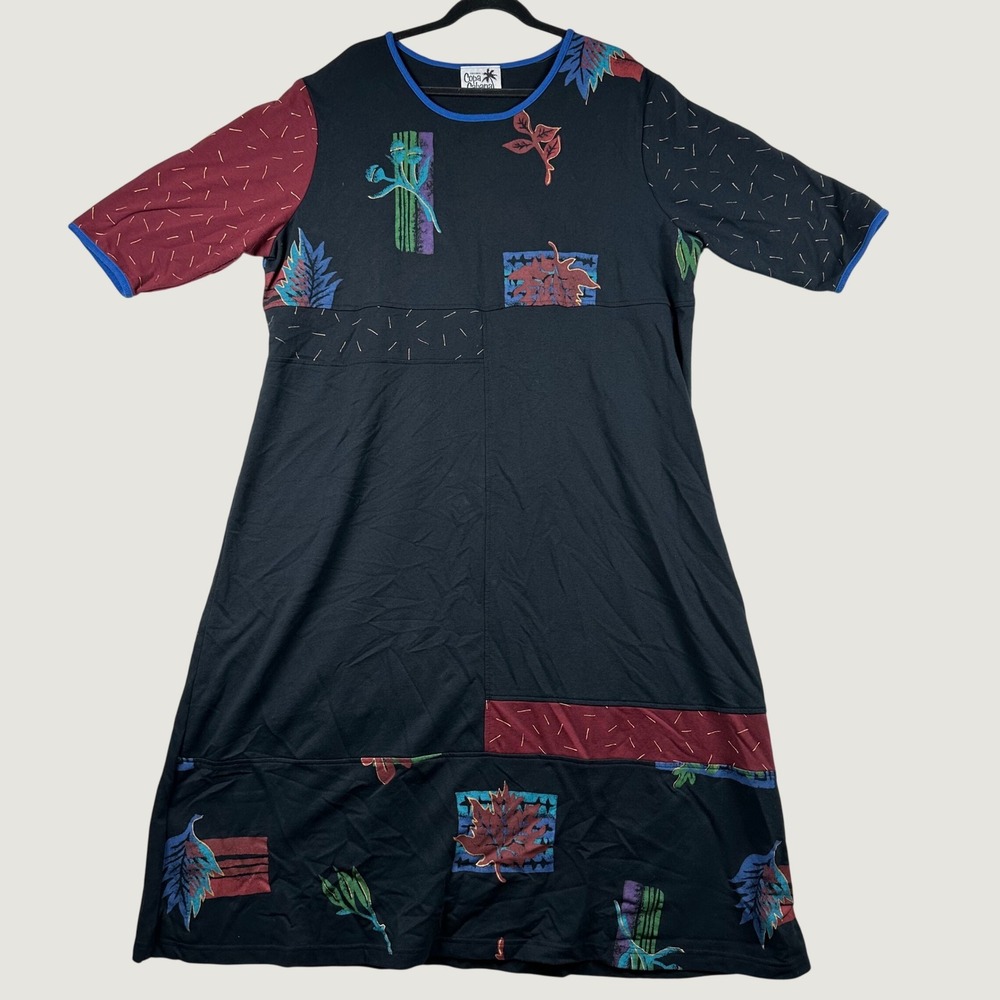 Vtg 90 Copa Cabana T-Shirt Dress Patchwork Tropical XL Black Retro Abstract Boho